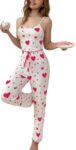 Womens 2 Pieces Heart Print Pajama Set Sleeveless Cami Top High Waist Pants, Comfortable Trousers Pjs Set Soft Loungewear Cute Sleepwear Set