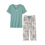 Womens Blue Leaf Print Cotton Pyjamas