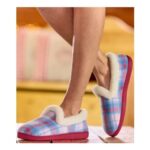 Womens Checked Slippers with Faux-Fur Lining – Pink Blue