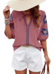 Womens Floral Embroidered Puff Short Sleeve Shirt, V Neck Boho Tunic Casual Summer Blouse (S, M) – Sold by CXMSYY-UK / FBA