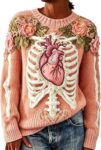 Womens Halloween Sweater Long Sleeve Crew Neck Skeleton Print Cute Jumper