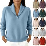 Womens Jumpers Long Sleeve V Neck Shawl Collar Knit Sweater Fleece Jumpers