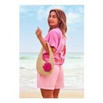 Womens Neutral Straw Flower round Bag