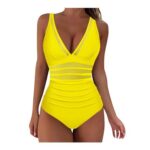 Womens Tummy Control One-Piece Swimsuit, Padded, Yellow XL