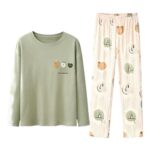 Womens Warm Fleece Pajama Sets with Cartoon Prints, Green