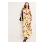 Womens Yellow Leaf Print Bandeau Dress