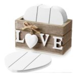 Wooden Heart Coasters Set of 6 with Holder, Farmhouse Decor