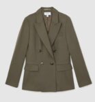 Wool-Blend Double-Breasted Suit Blazer in Green – Size 14