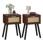 YMYNY Walnut Nightstands Set of 2 with Rattan Drawer HST010LW-2
