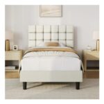 Yaheetech 3ft Single Bed Frame with Upholstered Headboard Beige