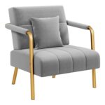 Yaheetech Velvet Single Sofa Chair, Light Grey, Gold Metal Arms & Legs, Pillows