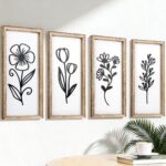 YiYa 4 Piece 3D Wooden Floral Wall Art Decorative Wooden Wall Art Farmhouse Bohemian Wall Art for Living Room Bedroom Office Kitchen Wall Decor(Black)
