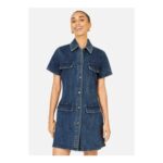 Yumi Blue Denim Stretch Shirt Dress with Pocket Details