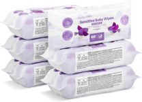 by Amazon Sensitive Baby Wipes, Unscented, 360 Wipes, 6 Pack of 60, Wipes Without Plastic
