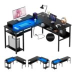 iSunirm L-Shaped Desk: Gaming, LED Lights, Storage Shelves