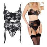 1-Set Women See-through Lace Floral Lingerie with Garter Belt