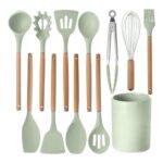12-Piece Silicone Kitchen Utensil Set with Wooden Handles – Green