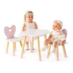 18-Inch Doll Table and Chairs Set, Wooden with Bow-Heart Backrests