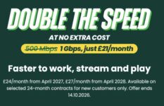 1Gbps Broadband, £21/Month / 24 Months (Selected Areas / New Customers)