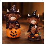 2-Pack Halloween Highland Cow Ornaments, Pumpkin Witch Decor Gifts