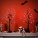 2 Pcs Small Black Glitter Halloween Tree Light, Halloween Decorations, 60cm Halloween Tree Twig Tabletop with LED Orange and Purple Lights for Window, Bedroom, Wedding, Holiday Party