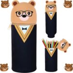 2 in 1 Kawaii Stationery Pencil Case for GirlsBoys, School Supplies Pencilcase, Cute Animal Pencil Pouch, Super Soft, Waterproof, Theme for Brown Bear with Glasses
