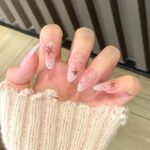 24-Piece Long Almond Press-On Nails, Pale Pink Star And Dot Nail Design