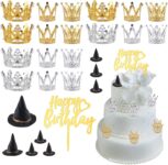 27Pcs Witch Hat&Crown Cake Topper, Mini Wizard Hats&Silver and Gold Alloys Crown Cupcake Accessories, for Witch and Princess Theme Birthday Party