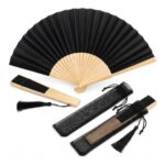 2Pcs Silk Hand Fans 21cm Folding Bamboo with Tassel (Black)