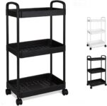 3 Tier Storage Trolley on Wheels Kitchen Trolleys with Handle for Book Beauty Craft Trolleys Rolling Utility Storage Cart for Room Bathroom Office, Space Rack Space-Saving Mobile (Black)
