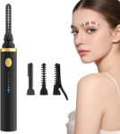 3 in 1 Heated Eyelash Curler Electric, 10S Fast Heating with 3 Temperature Modes (65/75/85C), USB-C Rechargeable Portable with Interchangeable Brush Heads for Upper & Lower Lashes, Sideburns – Black
