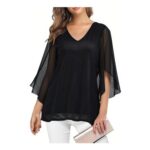 3/4 Sleeve v Neck Chiffon Casual Floral Tunic Top