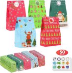 50 Pack Gift Bags Christmas, TOOELMON Kraft Treat Goody Bags Multipack with 60 PCS Stickers Small Gift Bag for Classrooms, Party Favors and Birthdays (Christmas)