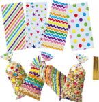 50 Pcs Rainbow Cellophane Party Bags Sweet Cone Candy Floss with Twist Ties (TYPE-6)