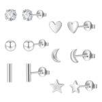 6 Pairs Silver Plated Stud Earrings, Hypoallergenic, Small