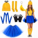 9 Pieces Yellow Costume Accessories, Halloween Yellow Outfit Accessories Fancy Dress Set with Beanie Hat, Goggles, Gloves, Tutu Skirt, Suspenders and Banana Charm for Women Carnival Cosplay Party