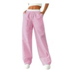 AKIOOUE Womens Wide Leg Elastic Waist Pink Striped Trousers