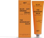 AKT, THE DEODORANT BALM. Award winning, multi-use, natural deodorant. Plastic Free. Gender Free. Aluminium Free. 100% effective 1 tube lasts up to 2 months. SC.01 ORANGE GROVE. 50ml