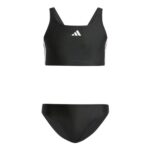 Adidas Girls 3-Stripes V-Back Bikini Swimwear, Black/White, 13-14