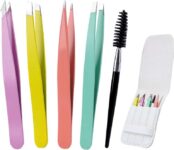 Alyvisun Pack of 5 Portable Tweezers, Professional Stainless Steel Tweezers, Eyebrow Plucking, Textured Non-Slip Coating