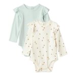 Amazon Essentials Baby Girls Long Sleeve Ruffled Bodysuit, 2-Pack, 6-9M