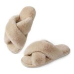 Ankis Womens Camel Fluffy Slippers with Cross Band Memory Foam
