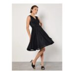 Apricot Metallic Pleat Skater Mini Dress – Black