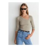 Asymmetric Metallic Long-Sleeve Top in Gold