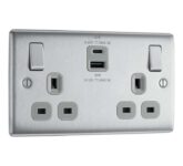 BG Electrical 45W Double Switched Wall Plug Socket with Super Fast Charge Type A & C USB Ports, Brushed Steel, Grey Inserts, 13A