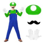 BSBUY Kids Plumber Costume with Cap, Beard, Gloves (Green-S)