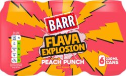 Barr Flava Explosions Peach Punch Sparkling Soft Drink, 6 Pack, 330ml Cans – S&S £2.59