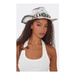 Beaded Detail Western Cowboy Hat – White Woven