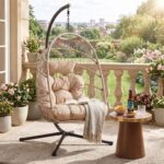 Beige Hanging Egg Chair with Stand and Cushion – With code