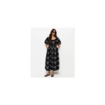 Black Embroidered Palm Tree Puff Sleeve Midi Dress